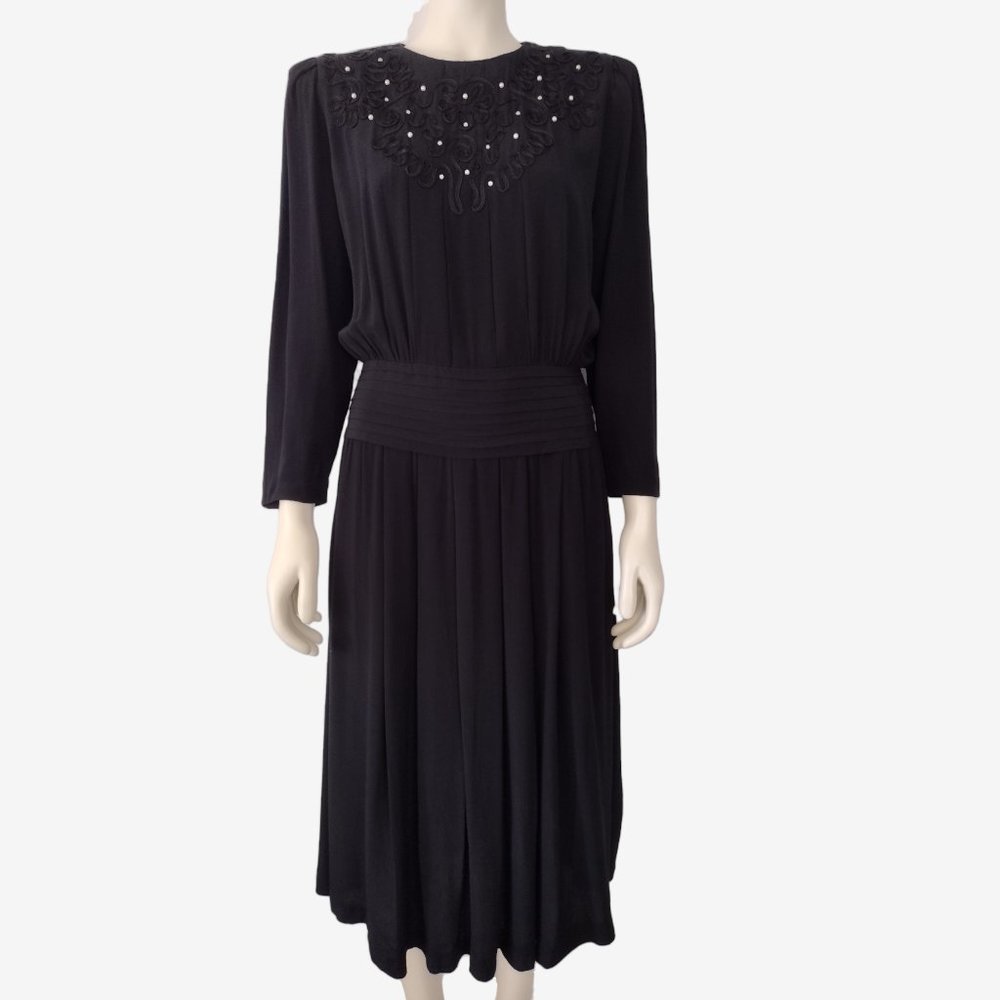 Vintage 1980s Karin Stevens Black Rayon Long Sleeved Maxi Dress
